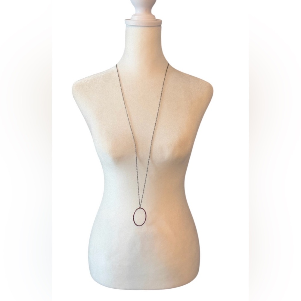 #649 Long Silver Chain with Pink Crystal‎ Oval Pendant Necklace